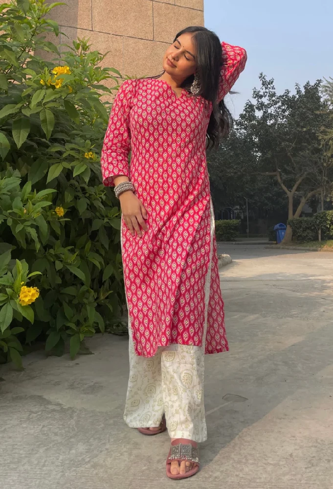Rose Pink Sanagneri Print Kurti Palazzo Set-7.webp